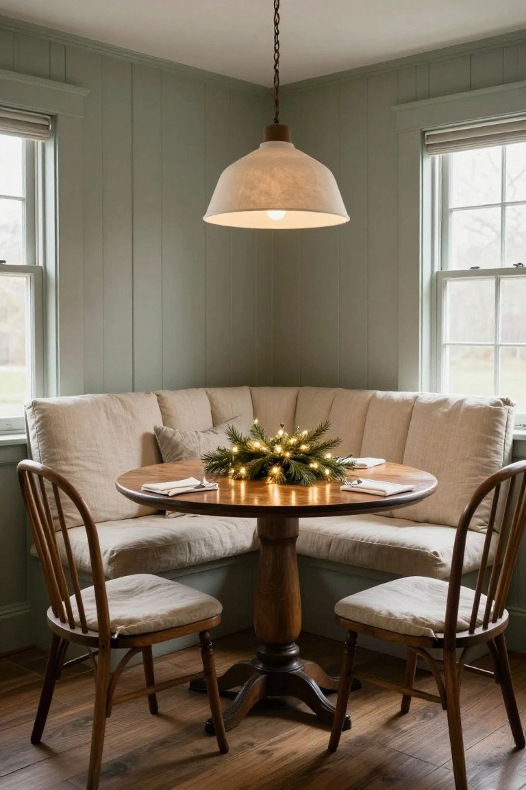 Corner banquette with beige linen cushions around a round wooden pedestal table holding a centerpiece of pine branches wrapped in string lights and flanked by napkins and silverware, under a white ceramic pendant lamp in a sage green paneled room with two windows.