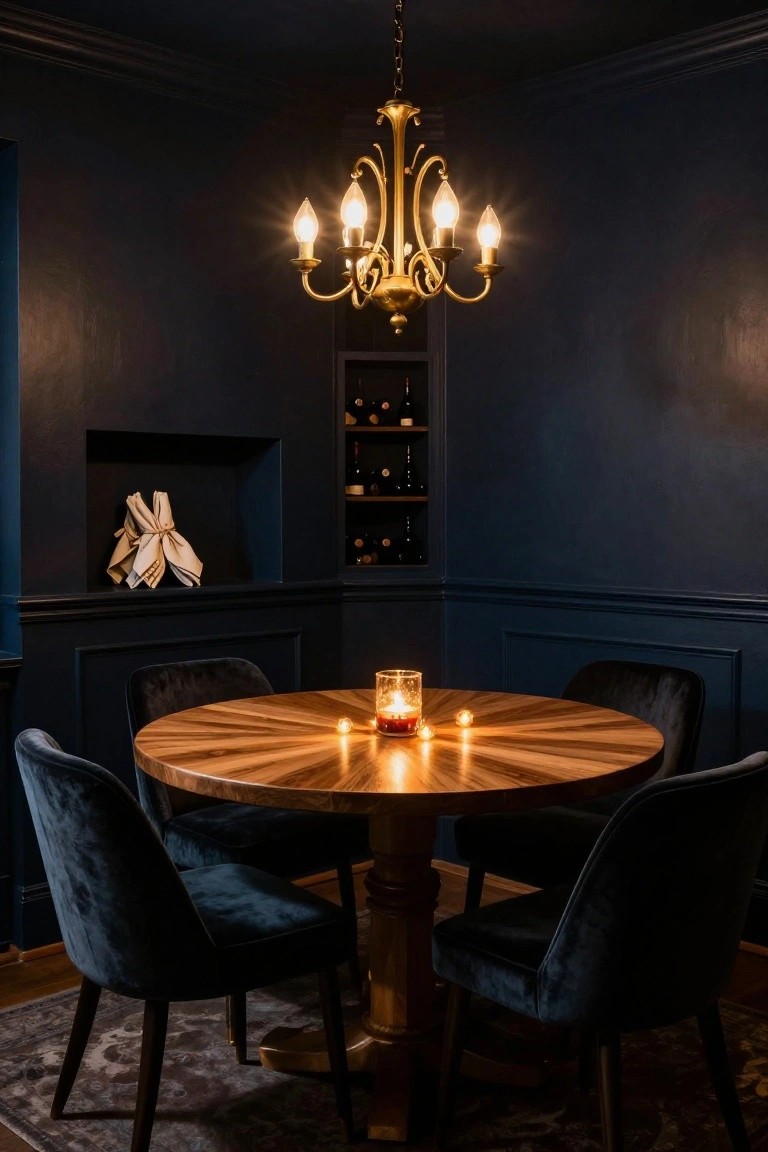 Navy paneled dining room with brass five-arm chandelier lit over round wood table holding glass candles, flanked by blue velvet chairs, wine storage niche, and cloth bundle on shelf.