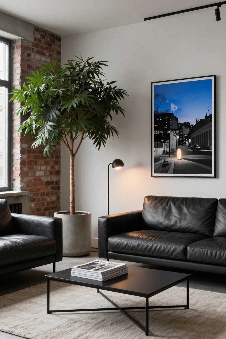 Modern living room with exposed brick accent wall, tall potted tree plant in concrete cylinder, two black leather sofas, black metal coffee table with stacked magazines, arched floor lamp, and large framed black-and-white city night photo on white wall.