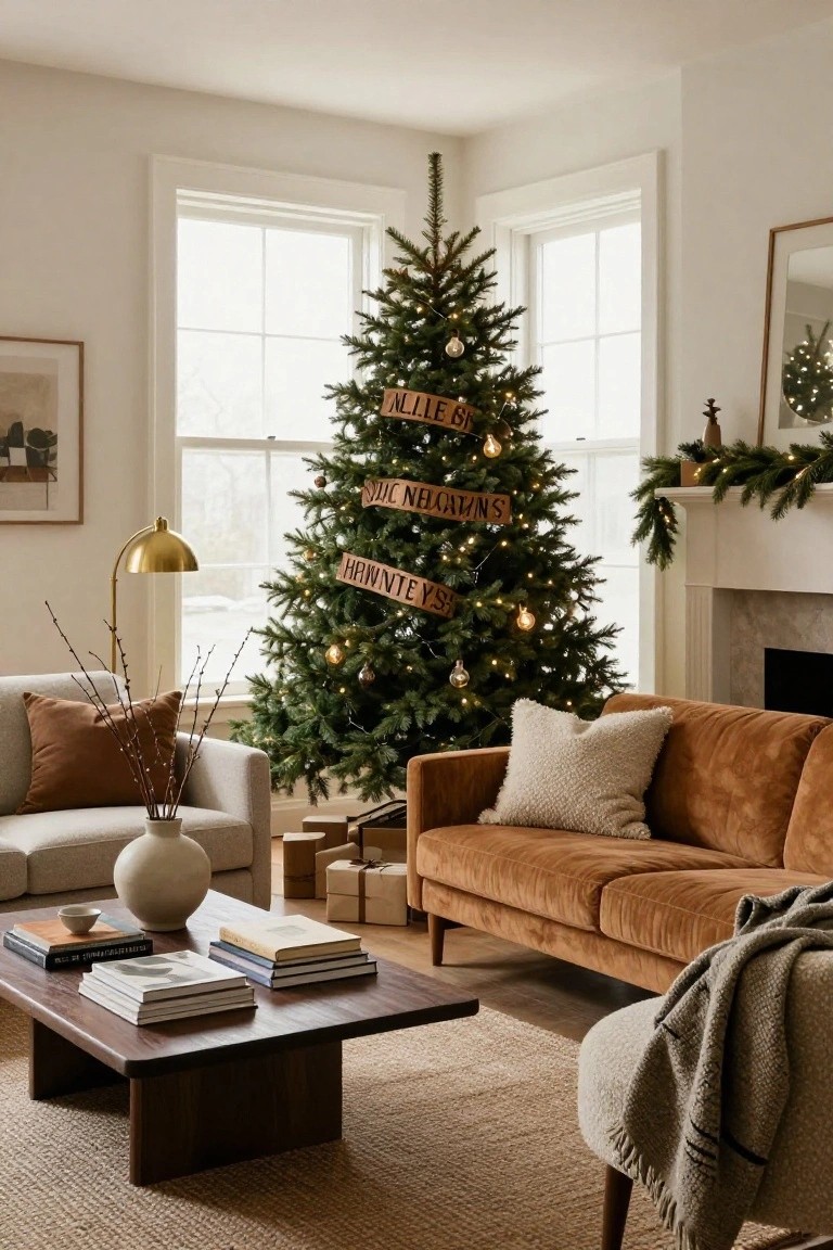 Cozy living room with Christmas tree, brown sofa, and wooden coffee table.