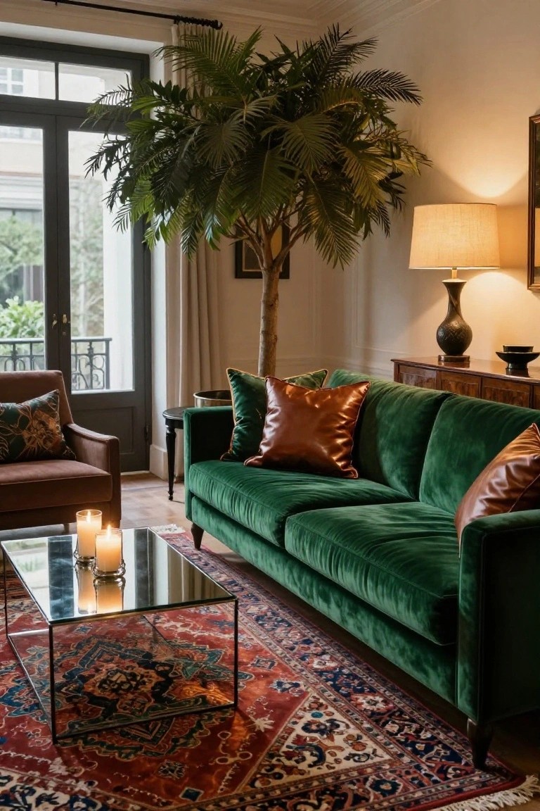 Living room with emerald green velvet sofa accented by brown leather and patterned pillows, glass coffee table holding candles over a red Persian rug, potted palm tree, armchair, lamps, and French doors to a balcony.