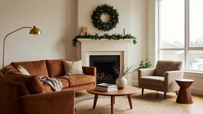 Cozy living room featuring a brown velvet sofa, a round wooden coffee table, and a soft armchair, adorned with a festive wreath above a fireplace.