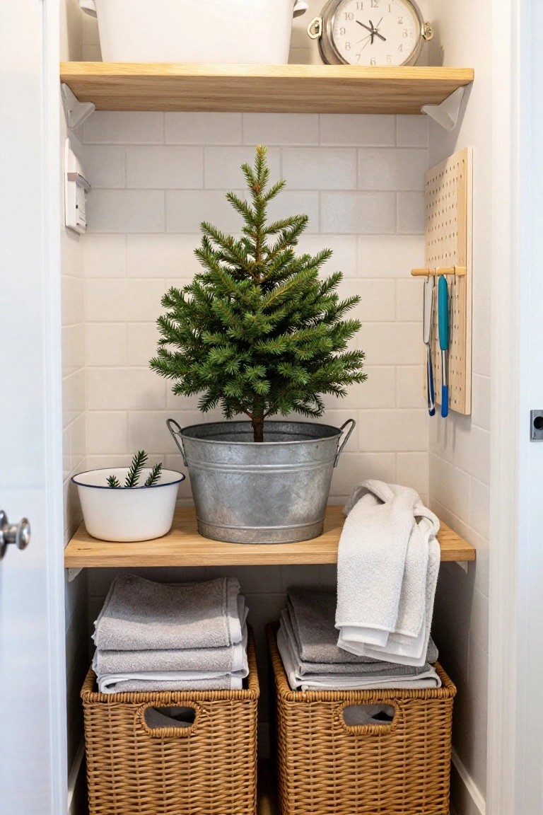 Organized pantry shelf with small evergreen tree, towels, and wicker baskets.