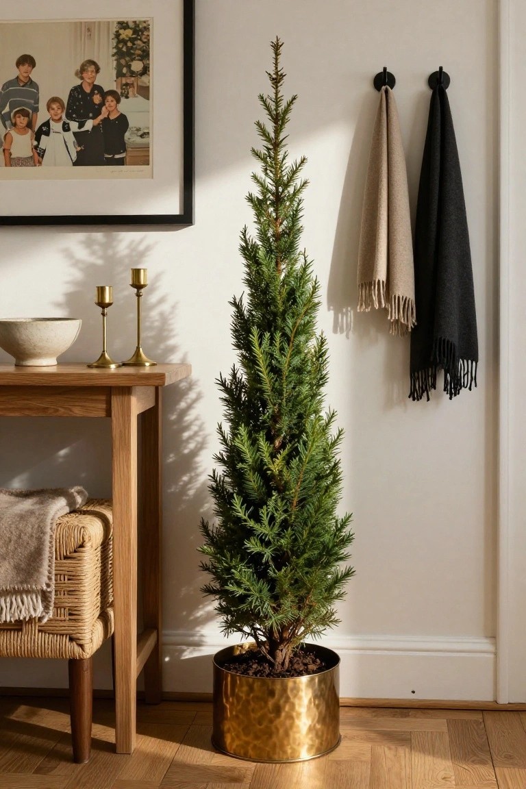 Slim potted evergreen tree in hammered brass pot next to oak console table with brass candlesticks, textured bowl, rattan chair, hanging scarves on wall hooks, and framed family photo on white wall with wood floor.