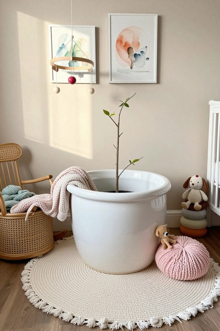Nursery corner with white plant pot, pink pouf, wooden mobile, and framed art.