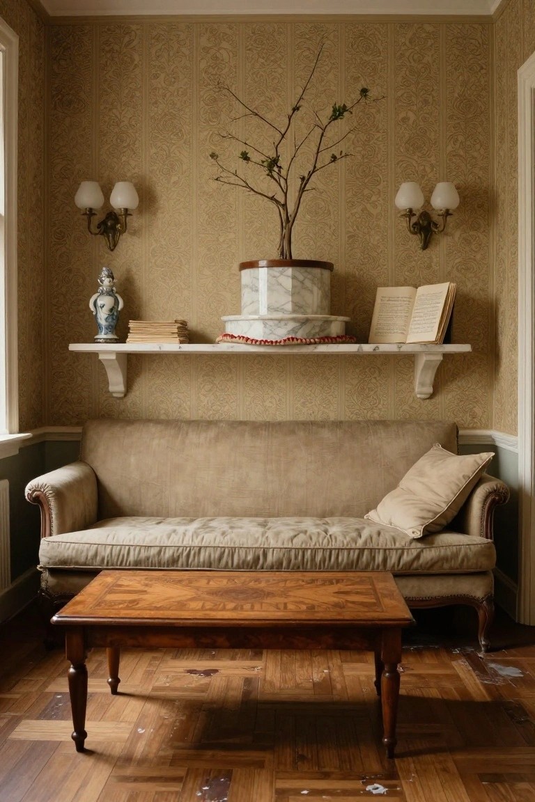 Elegant beige sofa with marble shelf, wooden coffee table, and ornate wallpaper.