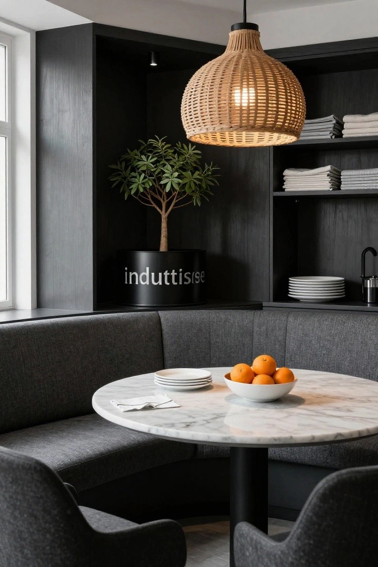 Gray corner bench seating around a round white marble table with a bowl of oranges and stacked plates, flanked by black wood cabinets with shelves holding linens and dishes, a black metal pot labeled Induttsi containing a small potted tree, and a woven rattan pendant light overhead in a modern interior.