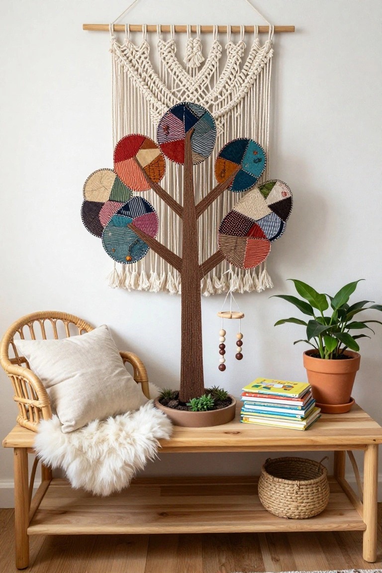 Wall art of a tree shape made from brown fabric trunk and branches with multiple colorful patchwork fabric circles as leaves, hanging in front of a white macrame wall hanging above a wooden bench holding stacked children's books, a small potted plant, faux fur throw, rattan chair with white pillow, potted plant, and woven basket in a light room with wooden floor.