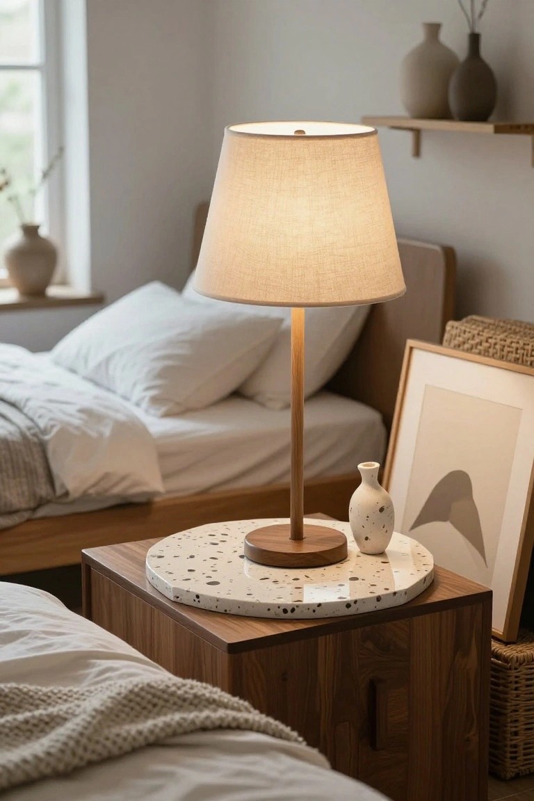 Close-up of a bedroom nightstand with round white terrazzo-patterned top on wood base, topped by a tall fabric lamp shade, small speckled vase, and leaning framed artwork next to a bed with white sheets.