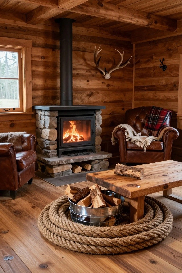 Log cabin living room with wooden walls and ceiling, stone wood-burning fireplace, two leather armchairs with sheepskin throws and plaid blanket, wooden coffee table, metal basket of firewood encircled by thick coiled rope on wood floor, antler mount on wall, window showing snowy woods.