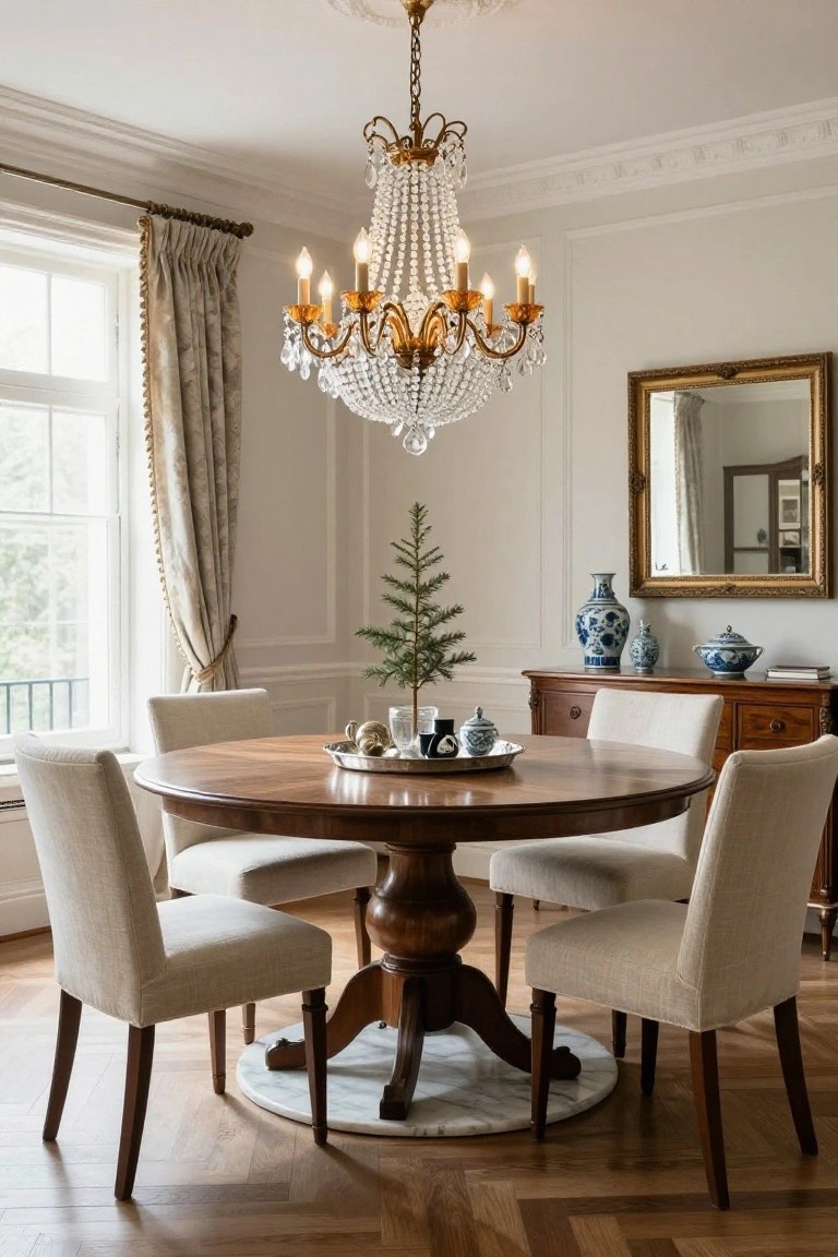 Elegant dining room with round table, chandelier, and small Christmas tree.