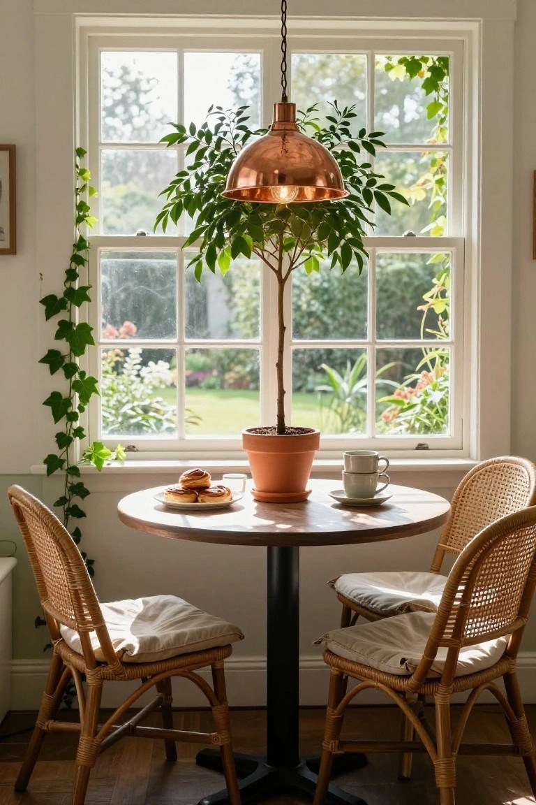 Sunlit breakfast nook with round wooden table, two rattan chairs with cushions, terracotta pot holding small tree, plate of pastries, stacked white teacups and saucers, copper pendant lamp with plant, ivy on white window frame overlooking garden.