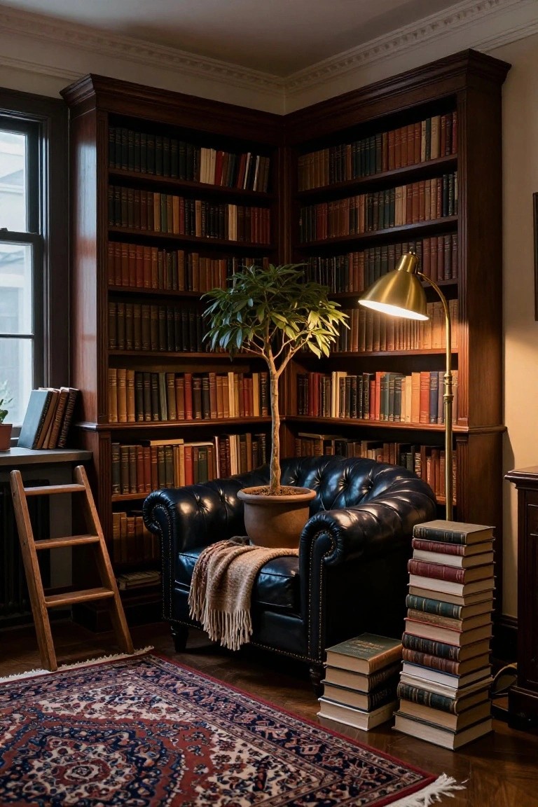 Wood-paneled library corner with floor-to-ceiling bookshelves filled with books, black leather armchair with potted plant and throw blanket, stacks of old books beside chair, wooden step ladder, brass arc lamp, and Persian rug on hardwood floor.