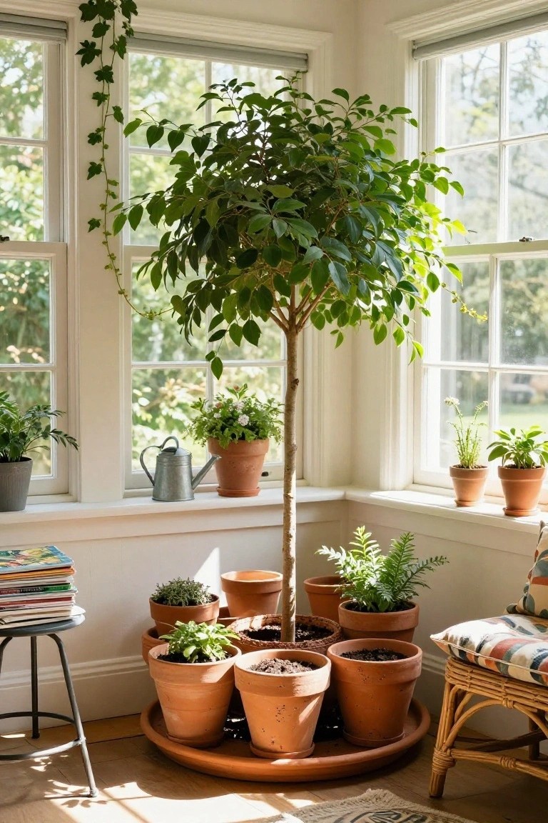 Sunlit corner of a white room with large potted tree on terracotta turntable surrounded by clustered smaller terracotta pots containing various plants, plus windowsill plants, watering can, stool with books, and wicker chair.