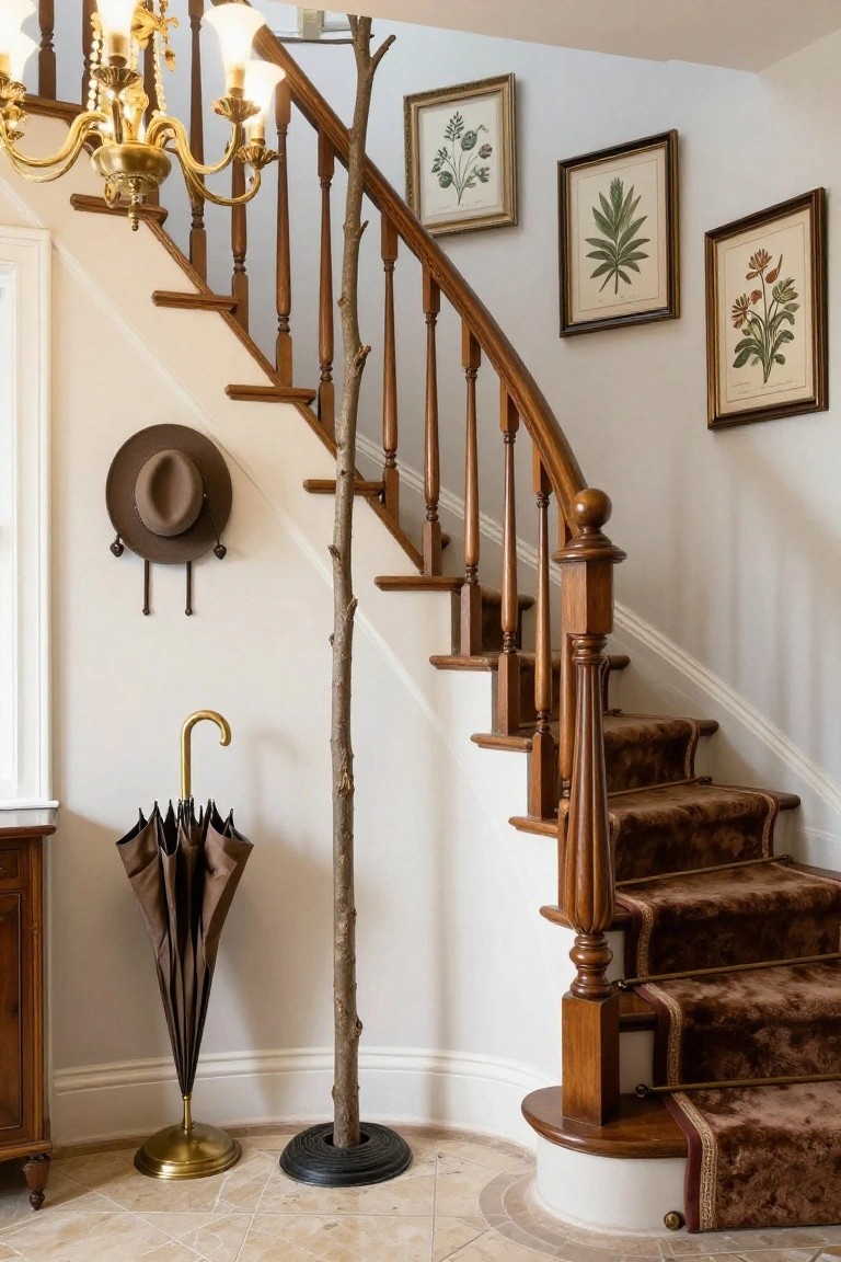 Curved wooden staircase in a light-colored entryway featuring a gold chandelier, framed botanical prints on walls, a brown hat on a hook, a bronze umbrella stand, a small wooden table, and a tall natural tree trunk with black rubber base positioned beside the stairs.