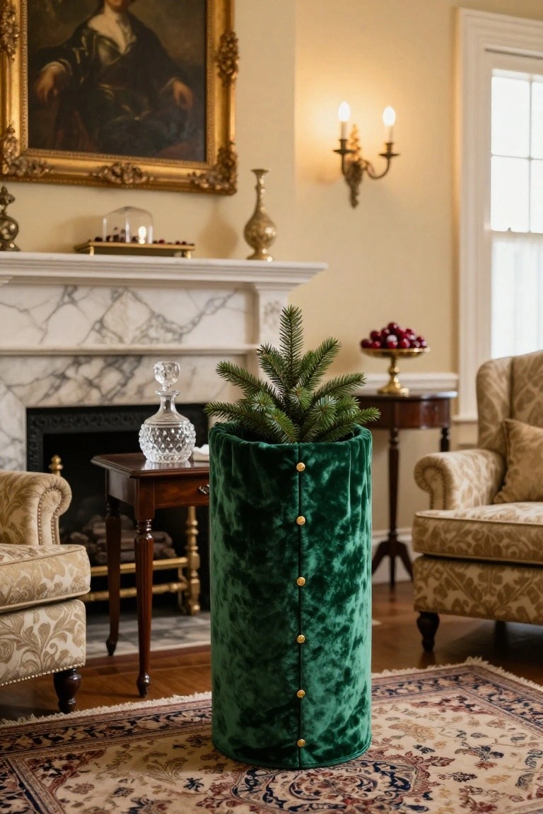 Small Christmas tree in a green velvet collar with brass buttons stands near a marble fireplace in a traditional room with wingback chairs, a crystal decanter, and a gilded portrait.