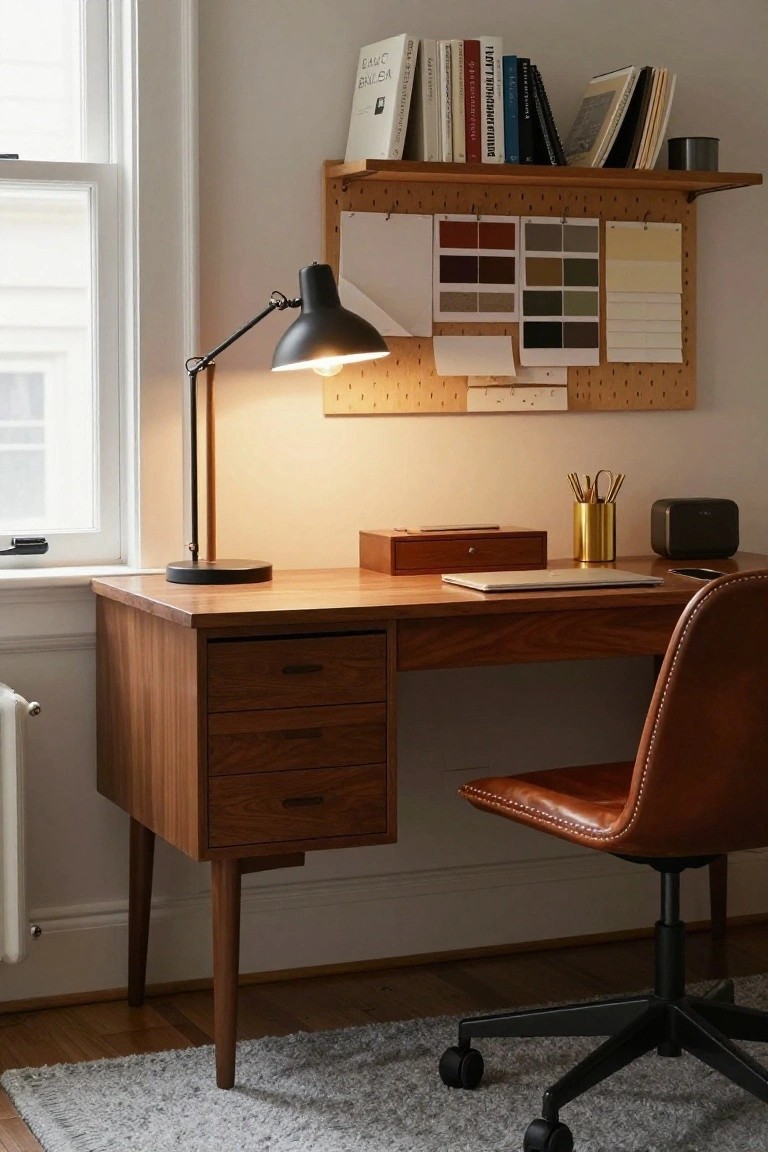 Home office interior with wooden desk, brown leather desk chair on casters, black adjustable desk lamp, wooden shelves with books, pegboard displaying color swatches, and gold pen holder on the desk surface.