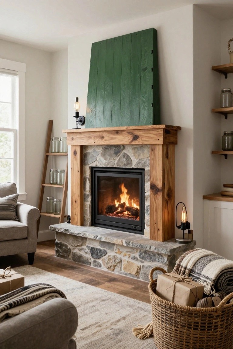 Living room featuring a stone fireplace with burning fire, wooden mantel, green wooden panel above, ladder shelf holding jars, gray armchair, woven rug, and large wicker basket filled with wrapped gifts and blankets on the wood floor.