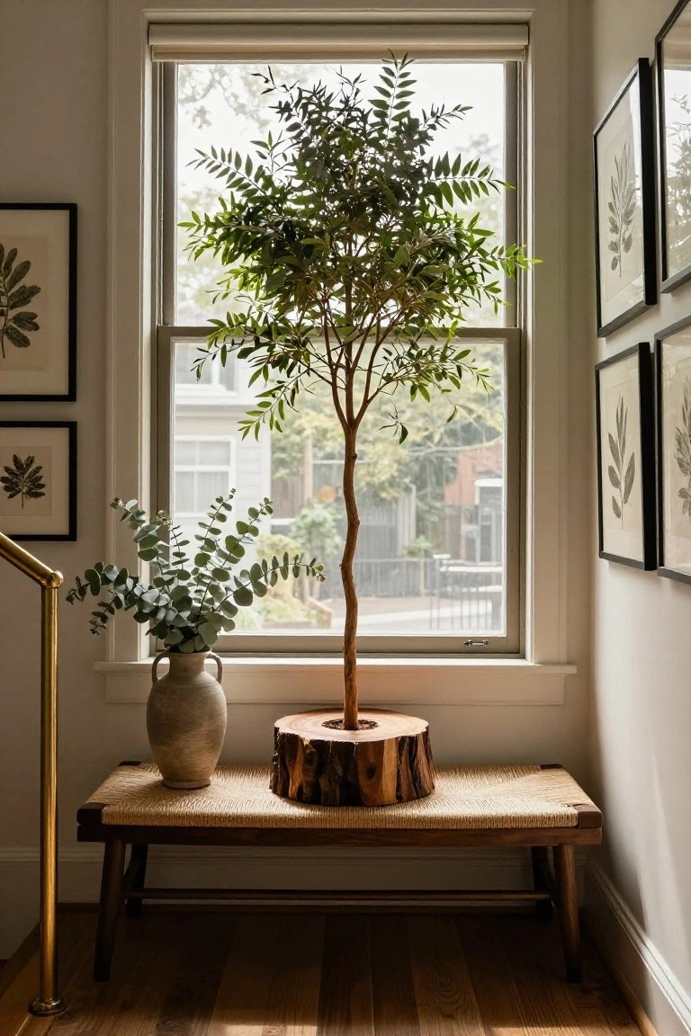 A small tree and eucalyptus in a vase rest on a woven bench beneath a window.
