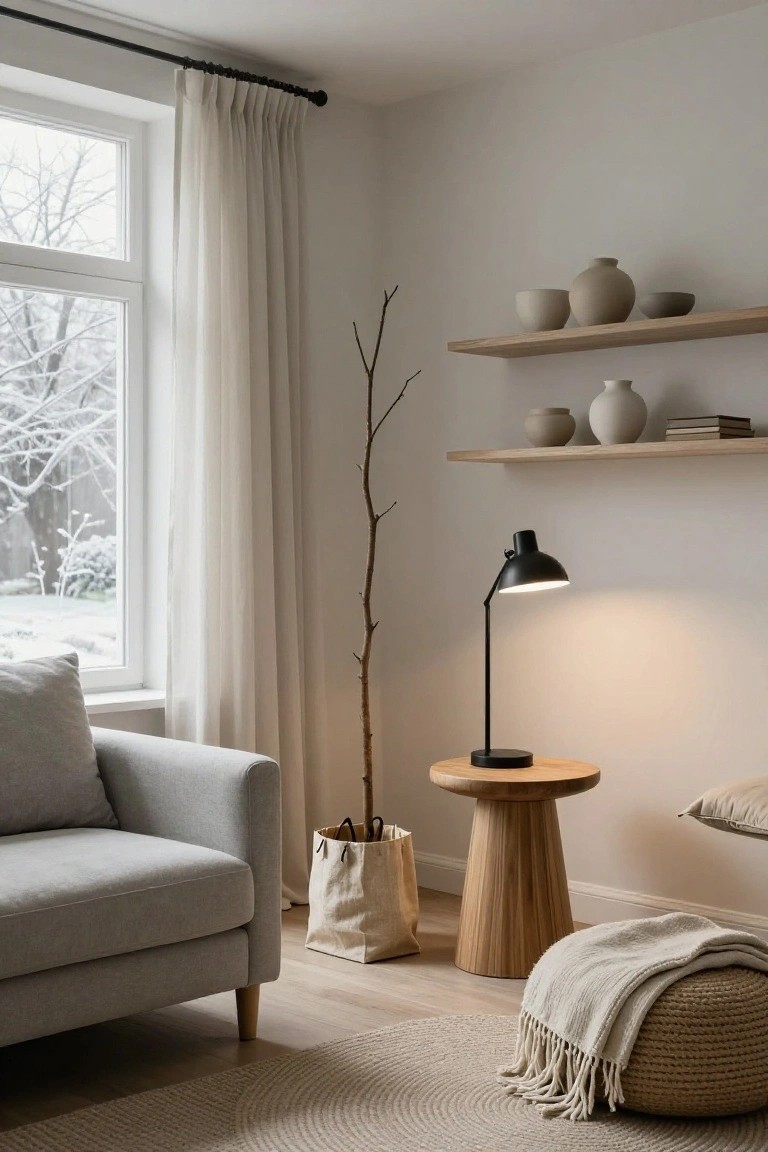 Modern living room corner featuring a light gray sofa, sheer white curtains on a window with snowy outdoor view, floating oak shelves holding beige ceramic pots and vases, tall dry branch near sofa, black adjustable lamp on round oak stool, beige throw on rattan pouf, and round jute rug on light wood floor.