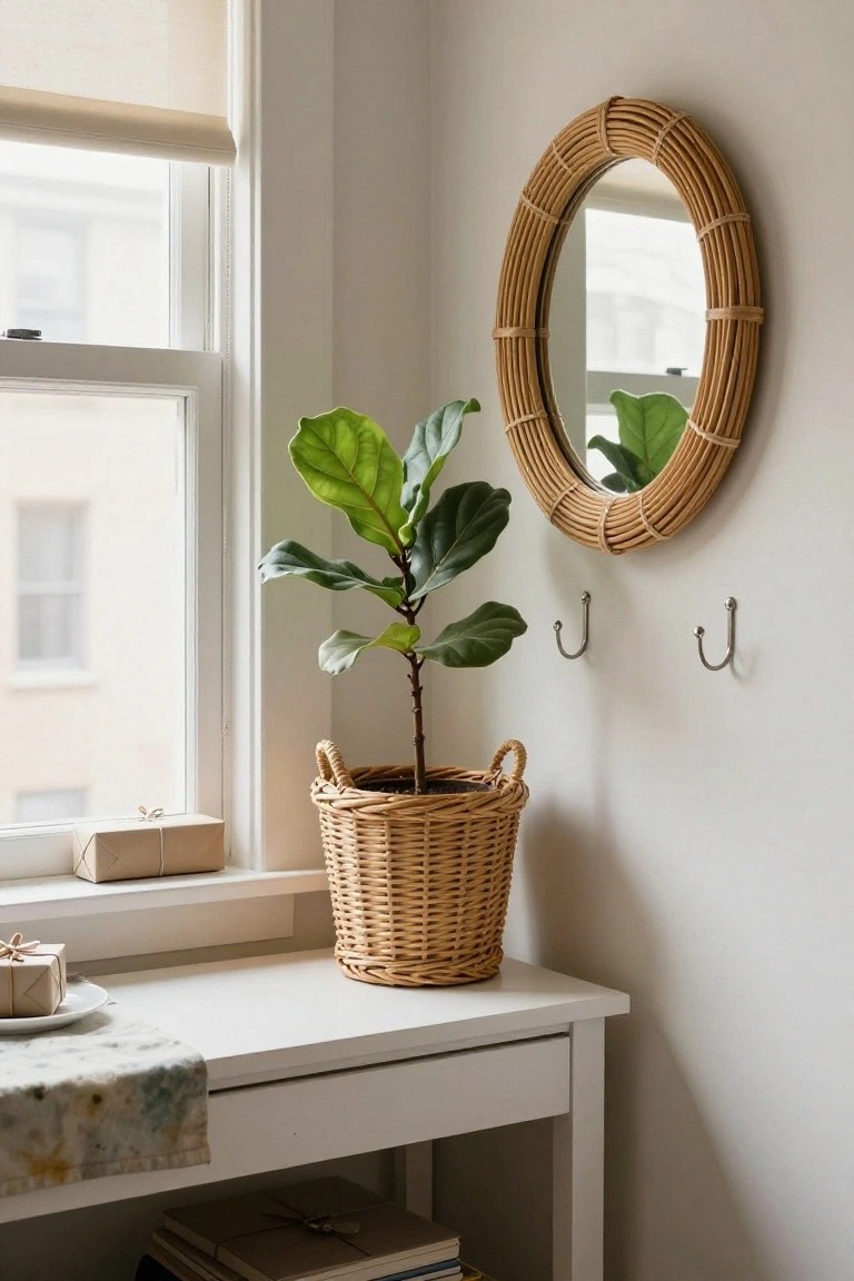 Fiddle-leaf fig plant in woven basket on white table beside round rattan mirror.