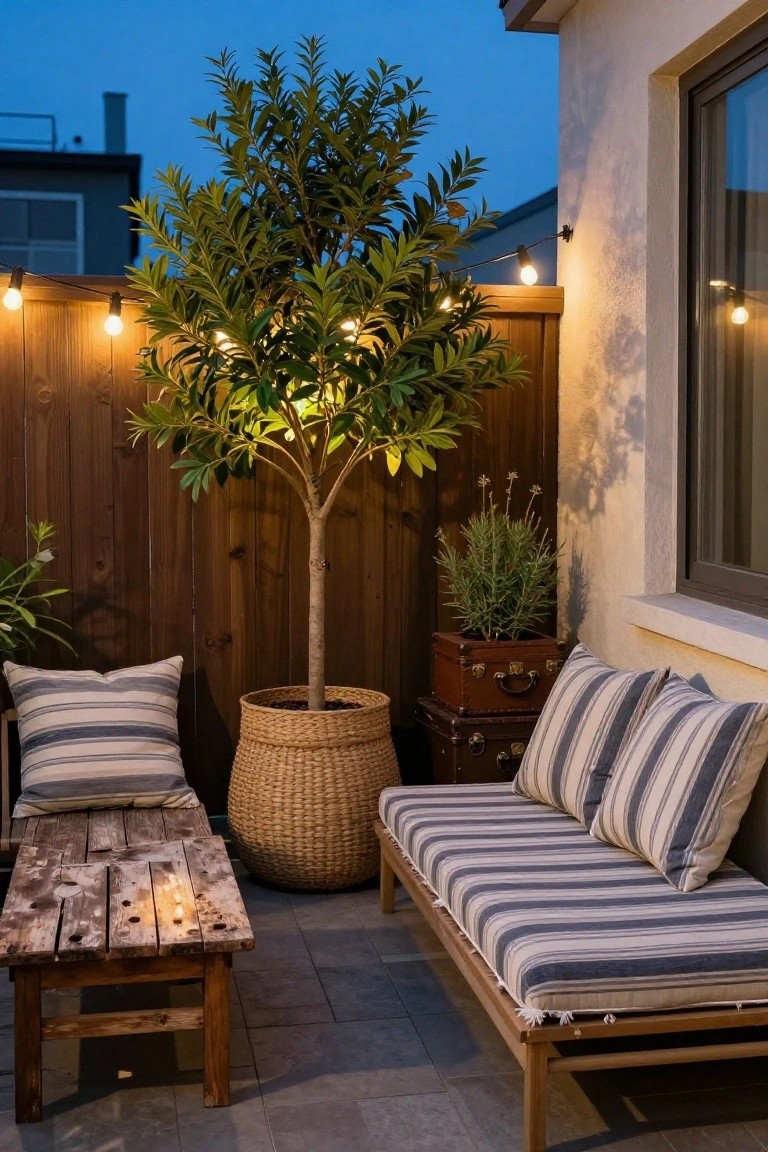 Outdoor patio corner with wooden bench, low table, potted olive tree in woven basket, string lights on fence, and small plants near beige house wall at dusk.