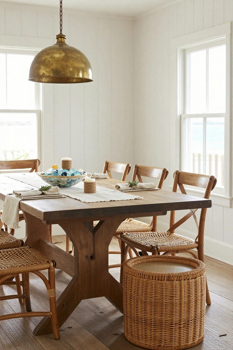 Rustic wooden dining table with woven chairs, brass pendant light, ocean view.