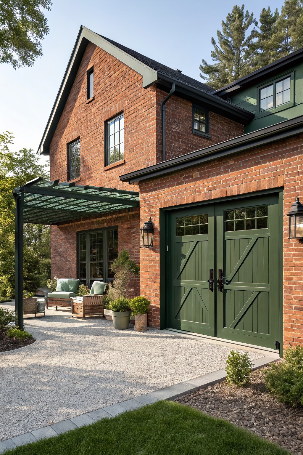 Red brick house exterior featuring dark green double garage doors with glass panels, a matching green metal pergola over a gravel patio with cushioned chairs and potted plants, flanked by black lanterns.
