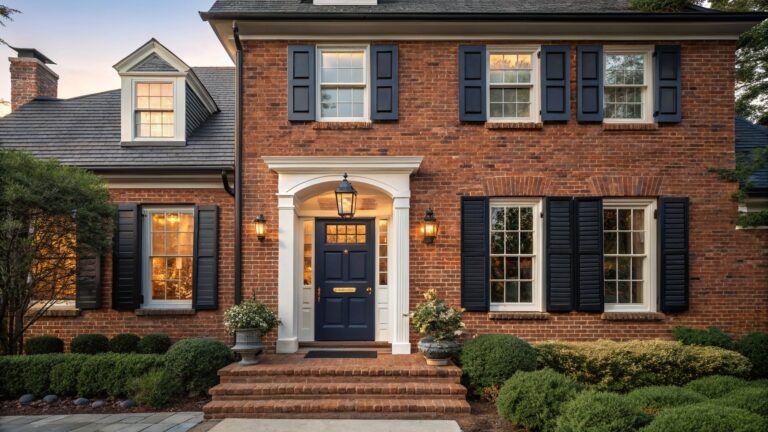 Red brick house exterior featuring a navy blue front door with brass knocker, flanked by lanterns on white columns, black shutters on windows, stone steps, and potted plants.