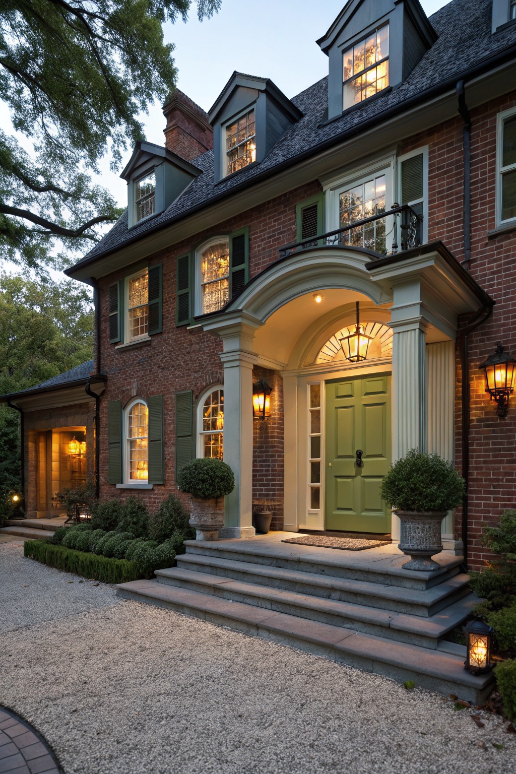 Red brick two-story house exterior with dark green paneled front door under white arched portico supported by columns, flanked by lanterns and topiaries on stone steps leading to gravel driveway at evening.