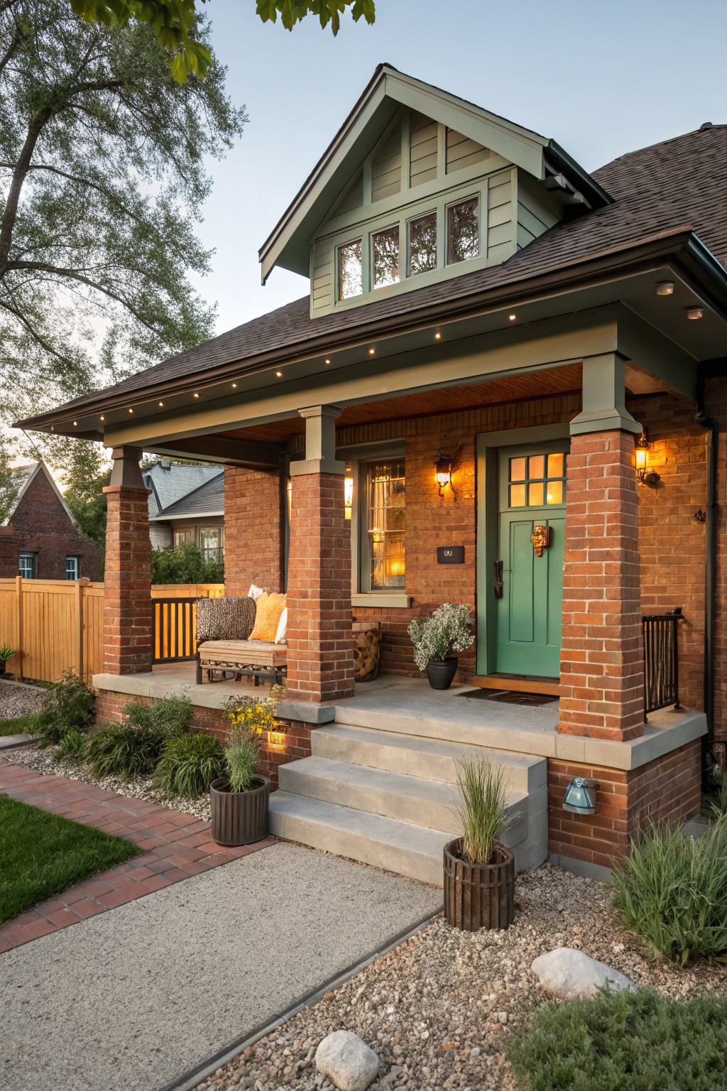 Front view of a Craftsman-style house with red brick base, sage green upper siding and gabled dormer, green front door on a covered porch with bench seating, concrete steps, and gravel path with plants.