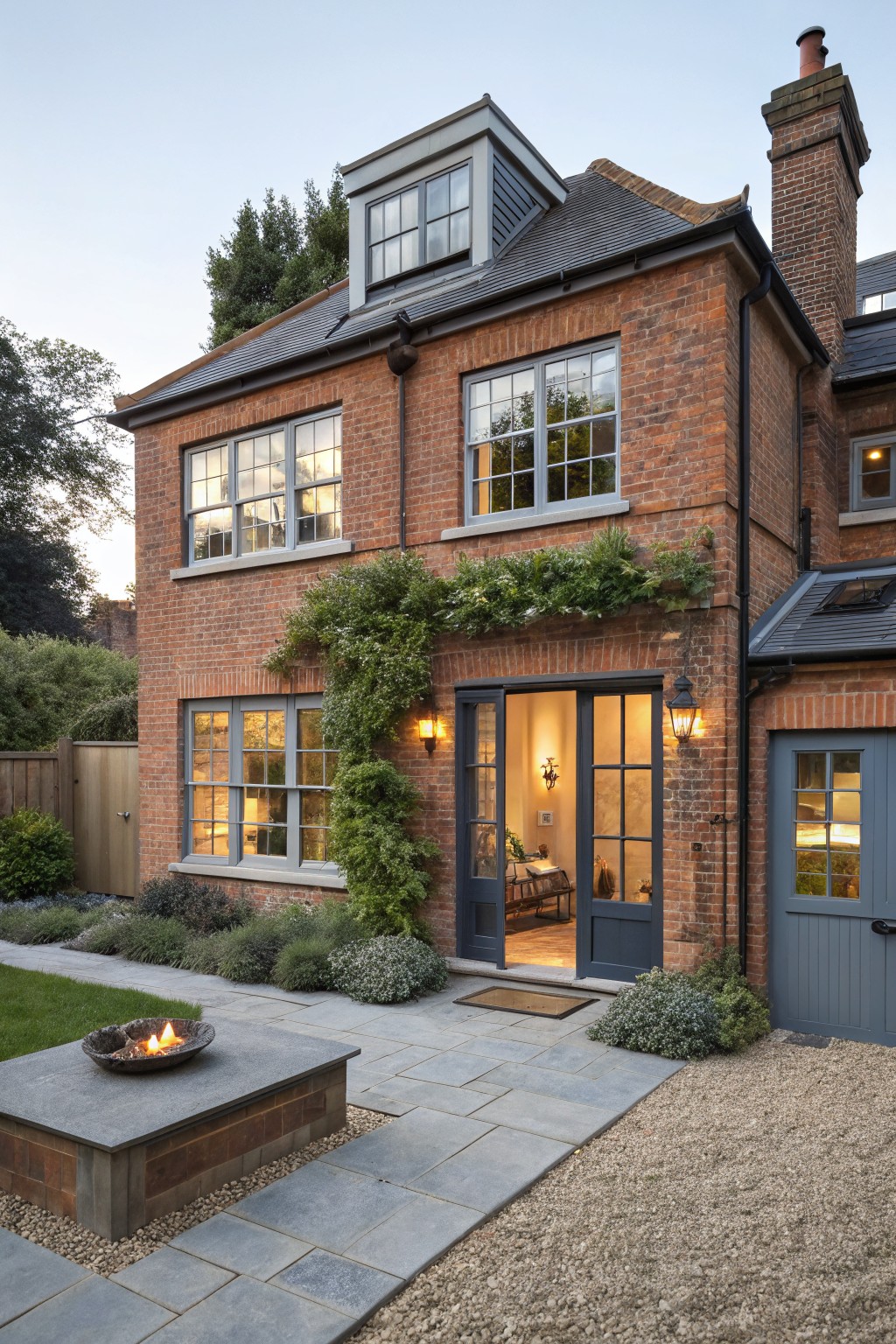 Two-story red brick house exterior featuring slim grey window frames, dark blue-grey entry doors and garage door, climbing ivy on walls, lantern lights, stone pathway, and low fire pit in landscaped garden.