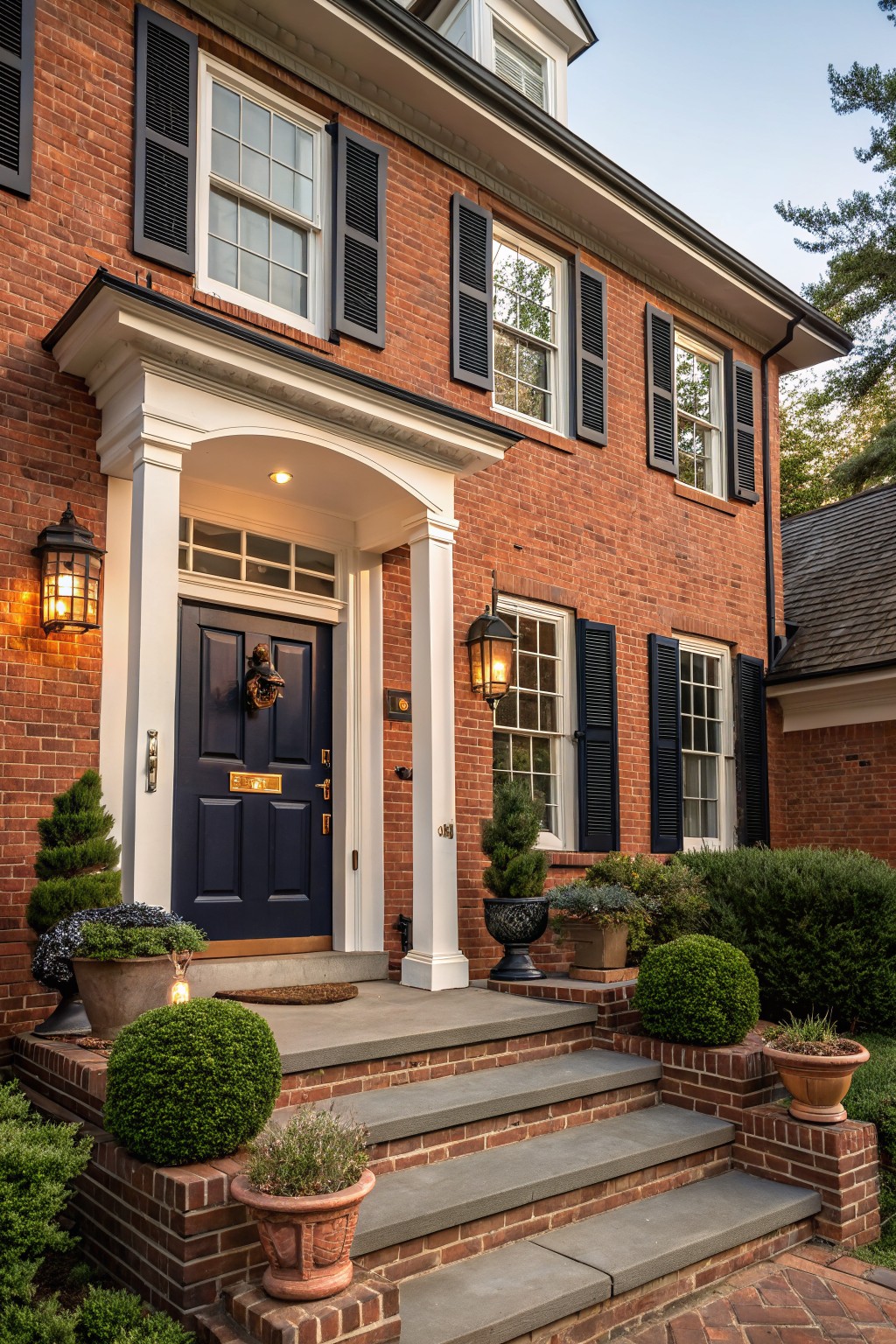 Red brick house exterior featuring a navy blue front door with brass knocker, flanked by lanterns on white columns, black shutters on windows, stone steps, and potted plants.