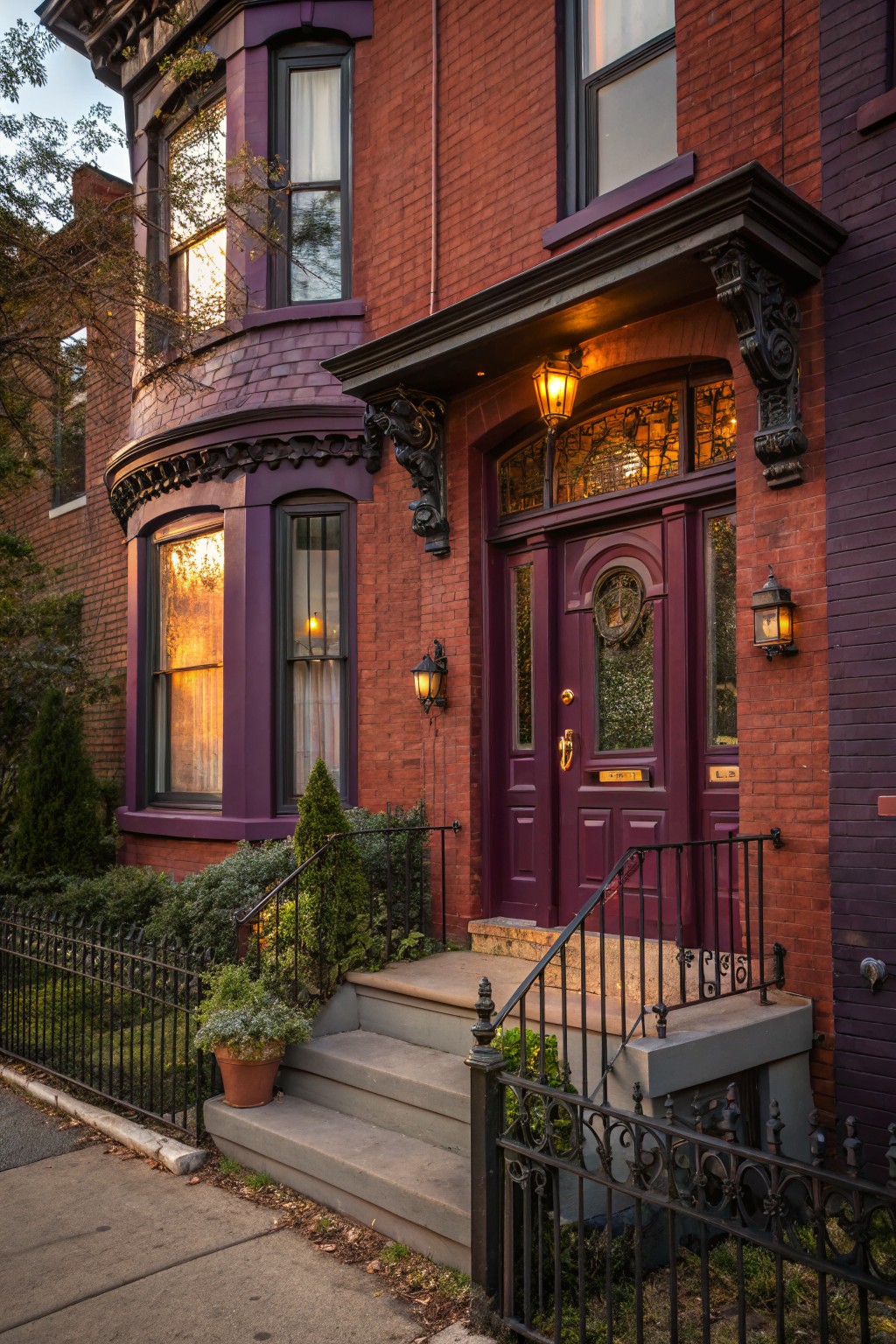 Red brick Victorian rowhouse exterior with deep purple painted trim on bay windows, entry door, porch, and accents, plus wrought iron fence, potted plants, and lit lanterns at dusk.