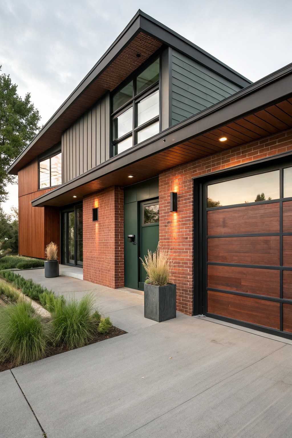 Contemporary two-story house exterior with red brick accents at the entryway and garage pillar, vertical wood siding in warm tones, a dark wood garage door, green front door flanked by wall lights, potted ornamental grasses, and a concrete driveway edged by low plantings.