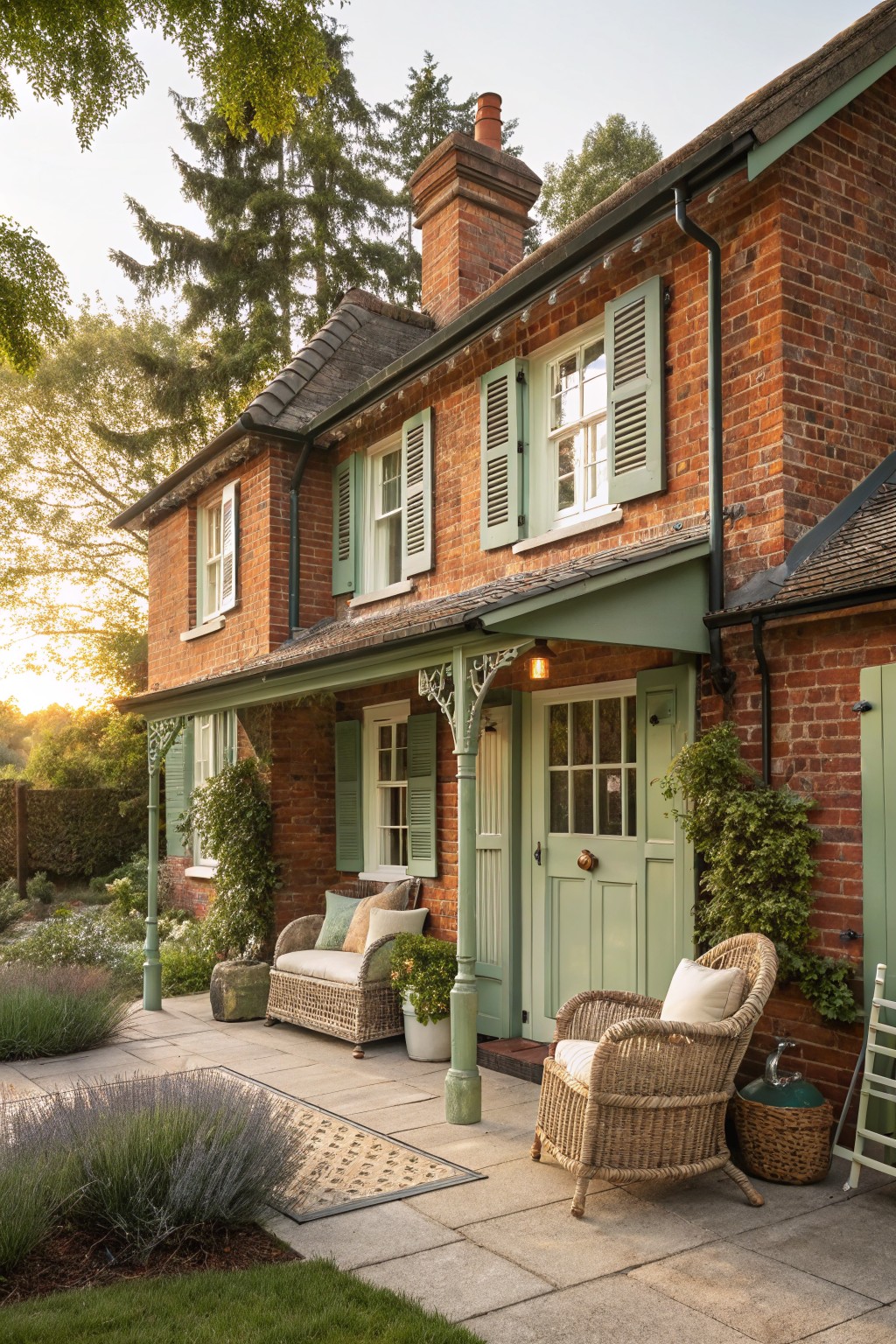 Red brick house exterior featuring sage green shutters on windows, a matching front door, and porch with wicker furniture on a stone patio surrounded by plants and lavender.