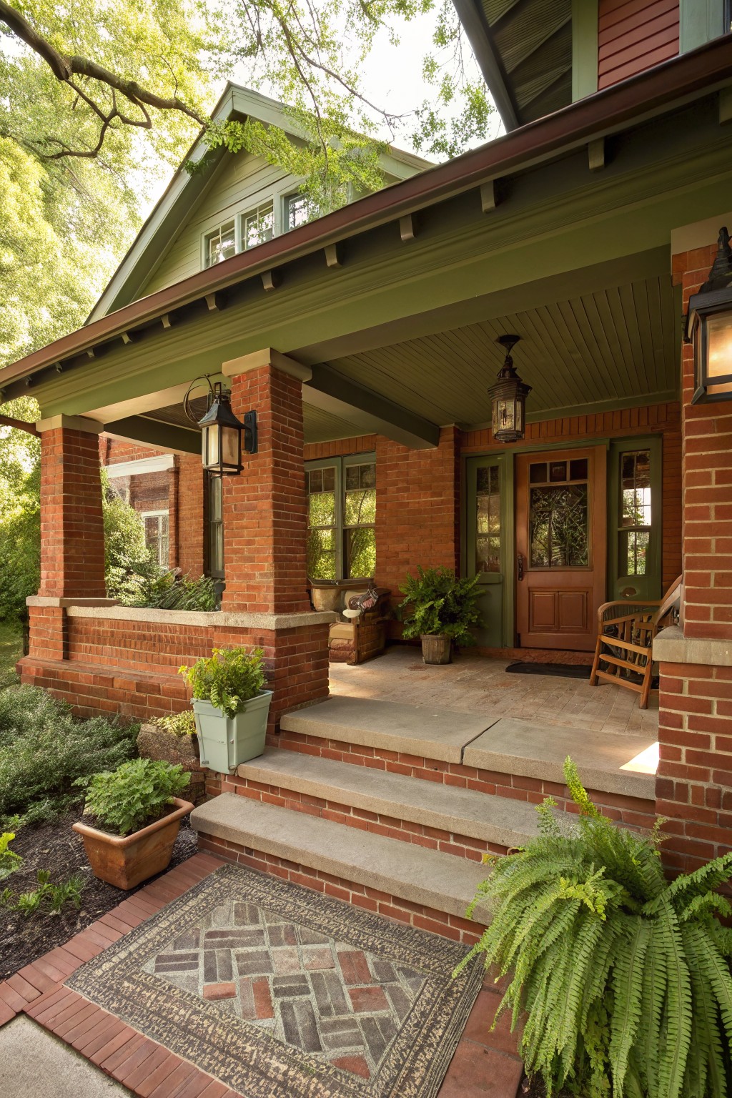 Front view of a two-story Craftsman-style house with red brick piers and base, sage green painted porch ceiling and trim, wooden entry door, hanging lanterns, potted plants on porch, steps leading to a brick path, and surrounding landscaping.