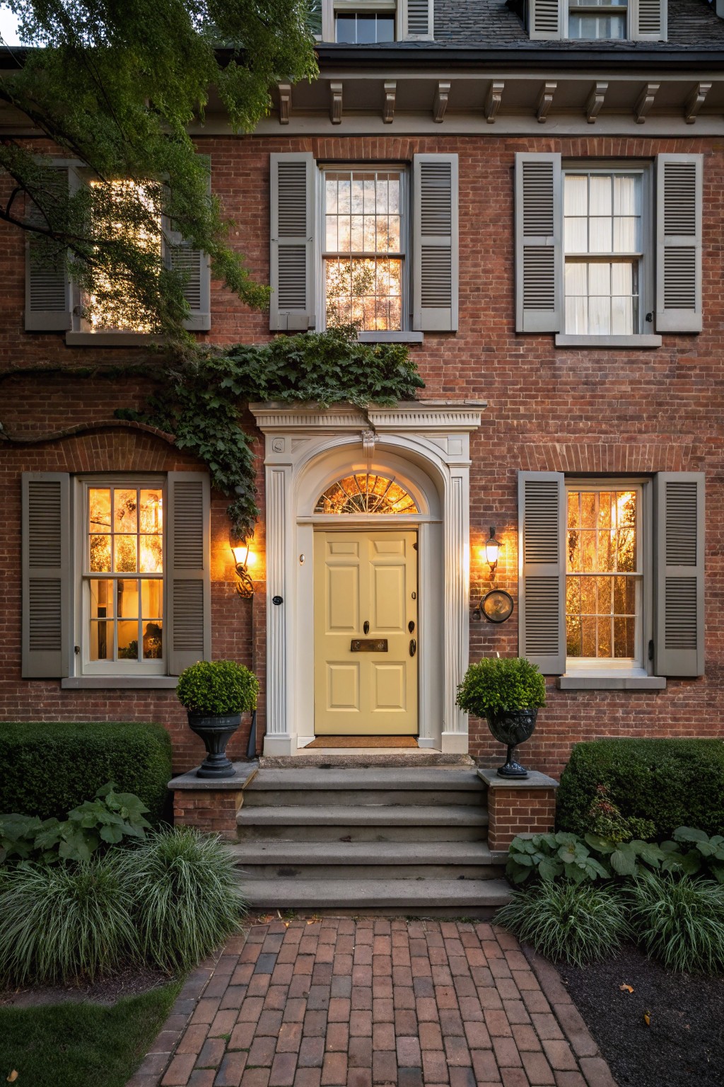 Two-story red brick house exterior with yellow front door, gray shutters on multipane windows, wall lanterns, potted plants on brick steps, and brick walkway surrounded by shrubs at dusk.