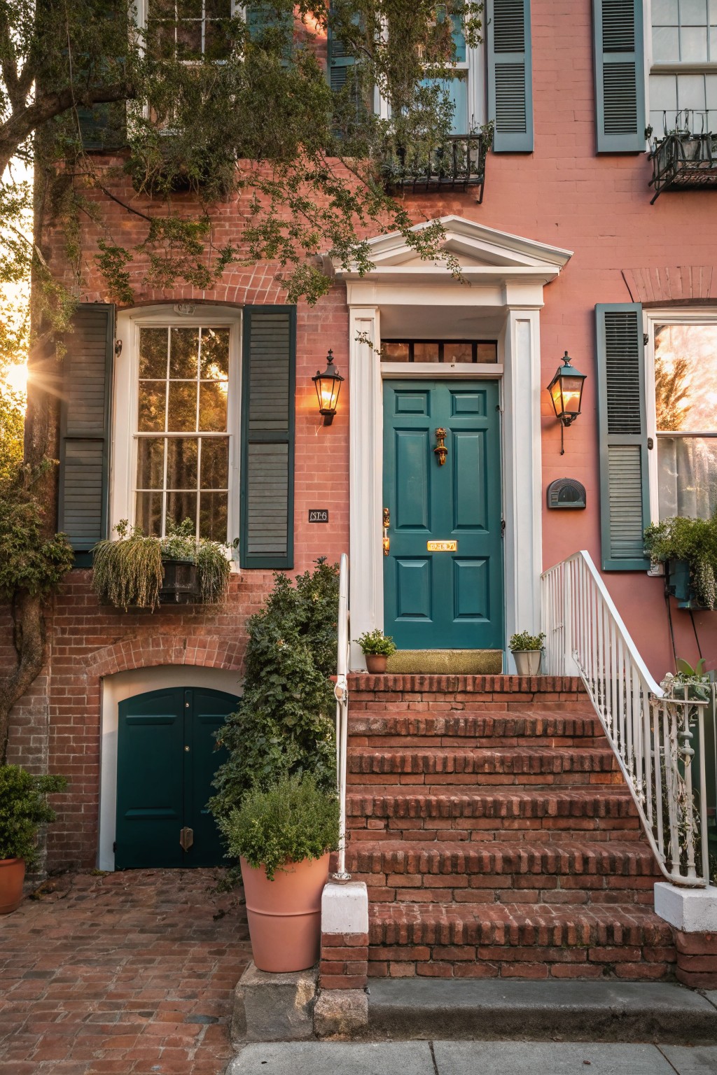 Red brick house exterior with teal front door, brass knocker, green shutters, white columns and railing on brick steps, potted plants, and green carriage doors below.