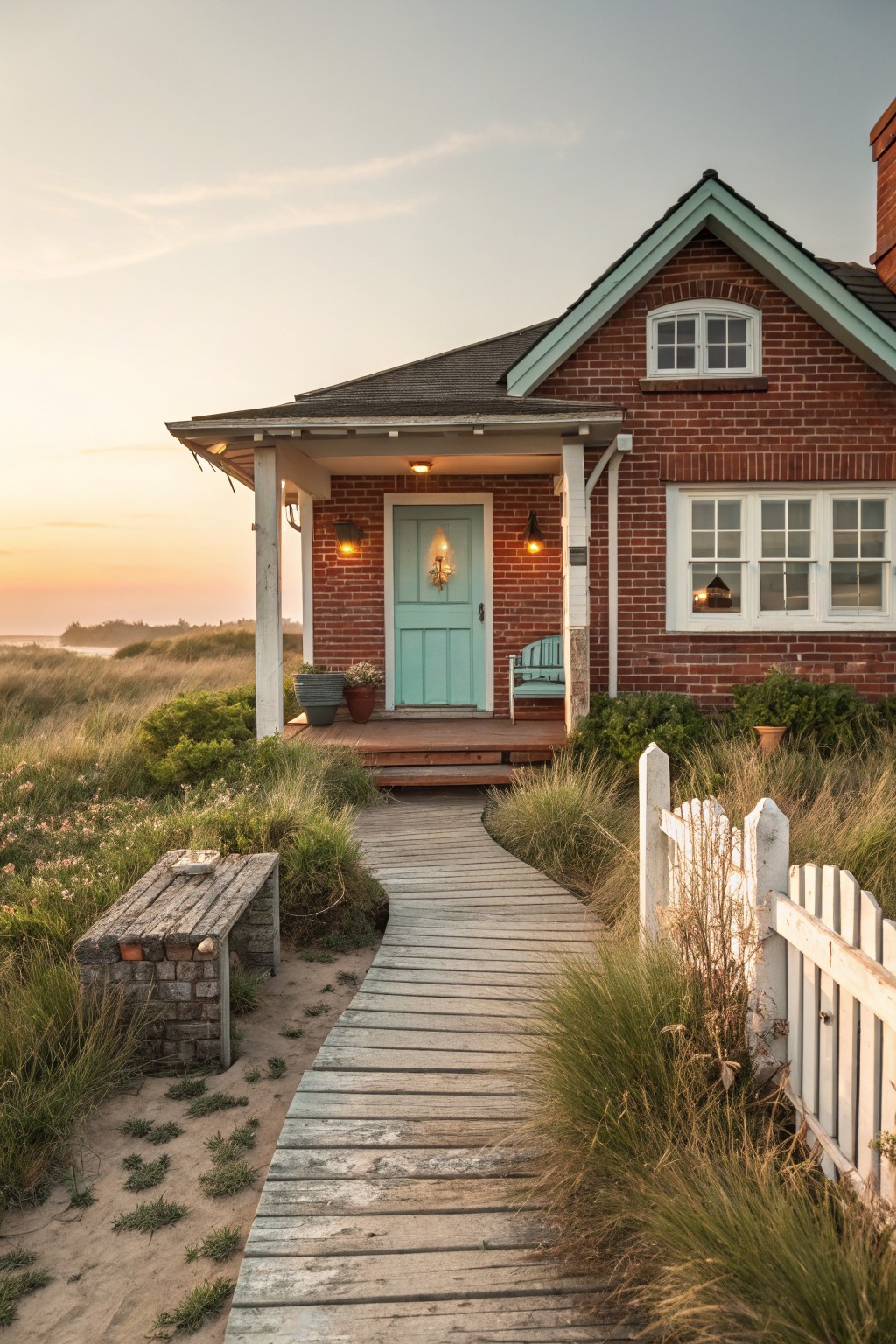 Red brick cottage with turquoise front door, white porch railing, potted plants, wooden boardwalk path through beach grass and dunes at sunset.