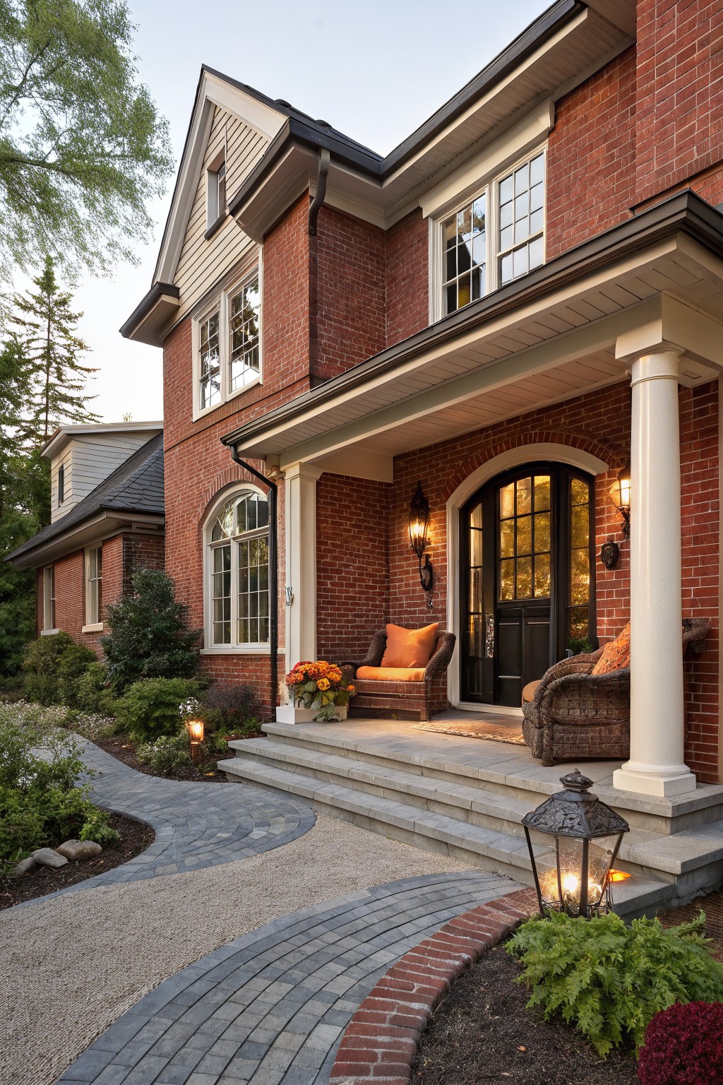 Red brick two-story house exterior featuring a gabled roof with white trim, covered front porch supported by white columns, arched black door with glass panels, orange-cushioned wicker chairs, stone steps, curved gray paver pathway, and surrounding landscaping with plants and lanterns.