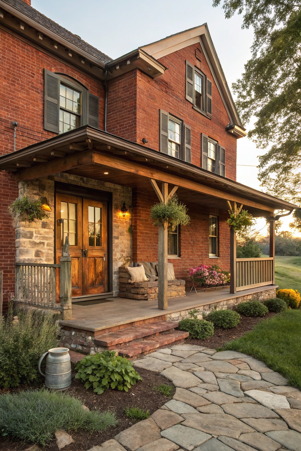 A two-story red brick house featuring a covered wooden porch with timber posts, double wooden doors in a stone surround, hanging plants, Adirondack chairs, flower planters, and a curved flagstone path edged by low shrubs and perennials.