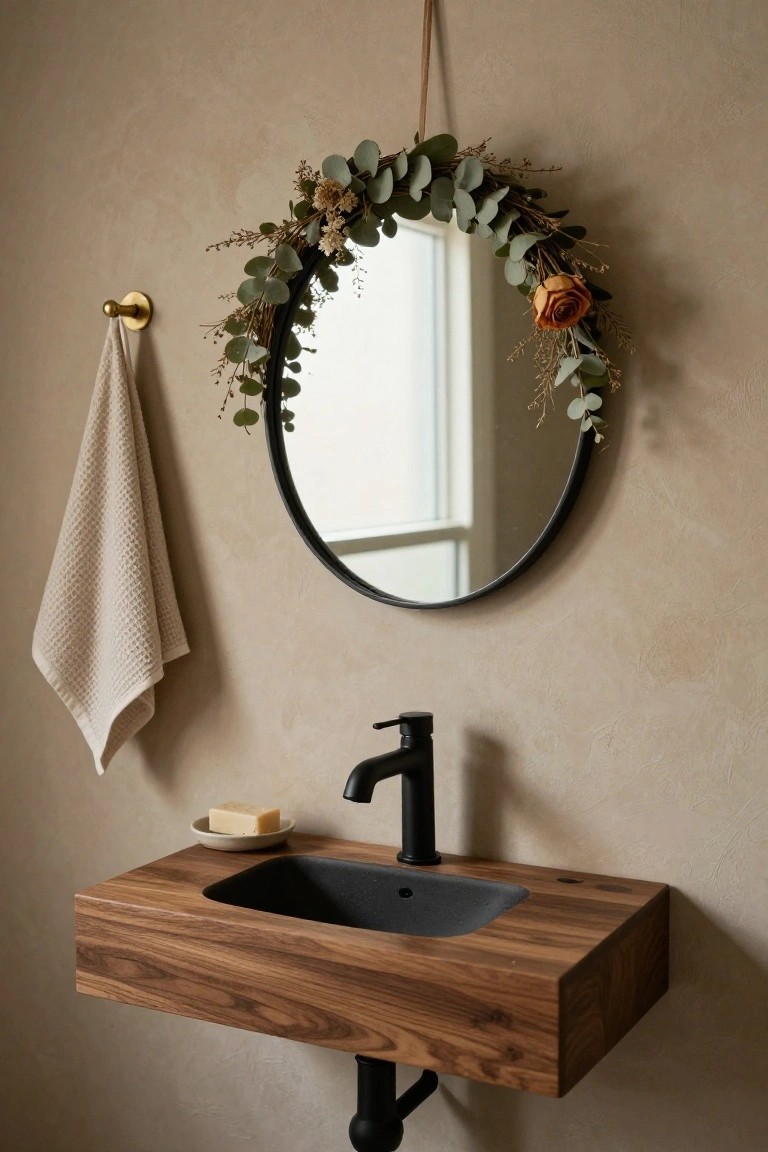 Floating round mirror with eucalyptus wreath above wooden floating sink vanity.