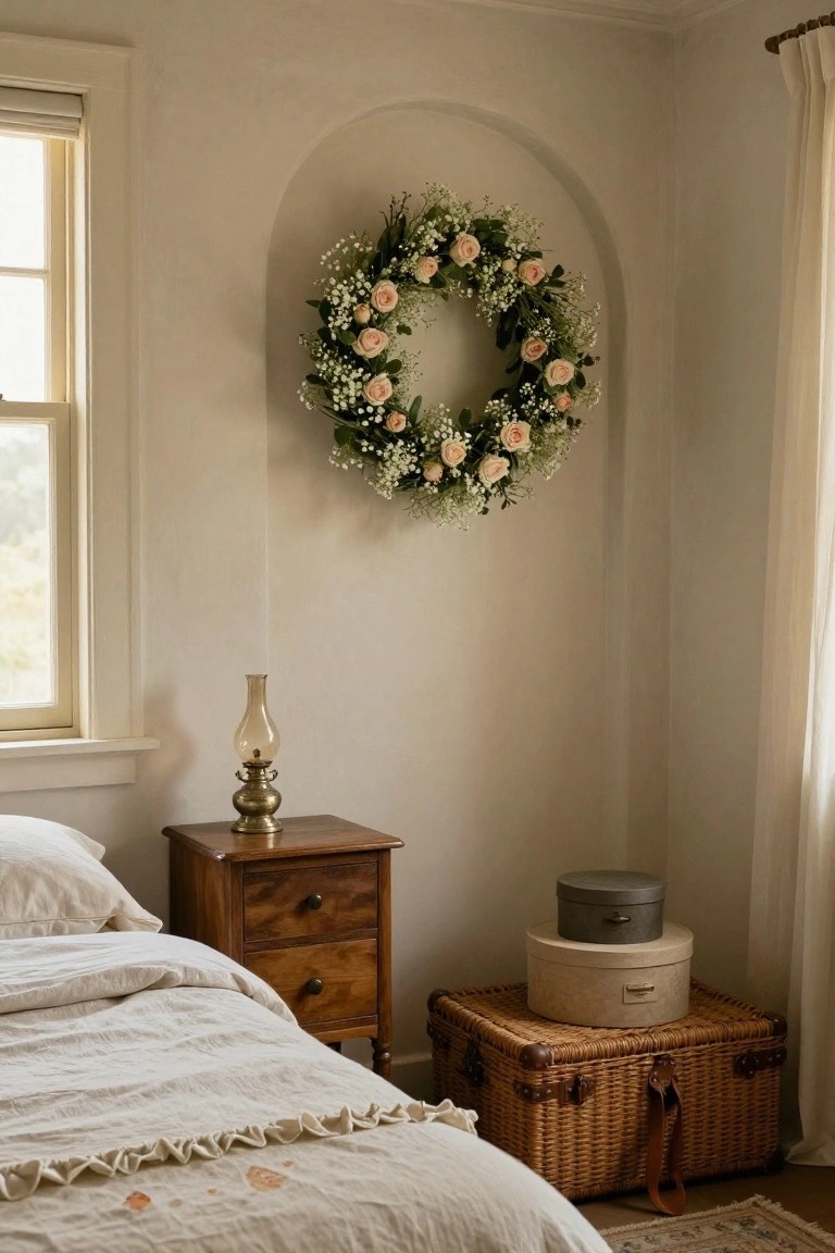 Bedroom corner with beige walls, arched niche holding a wreath of cream and peach dried roses and baby's breath, wooden nightstand with brass lamp next to white linen bed, stacked hatboxes, wicker trunk on floor, and window with roller shade.
