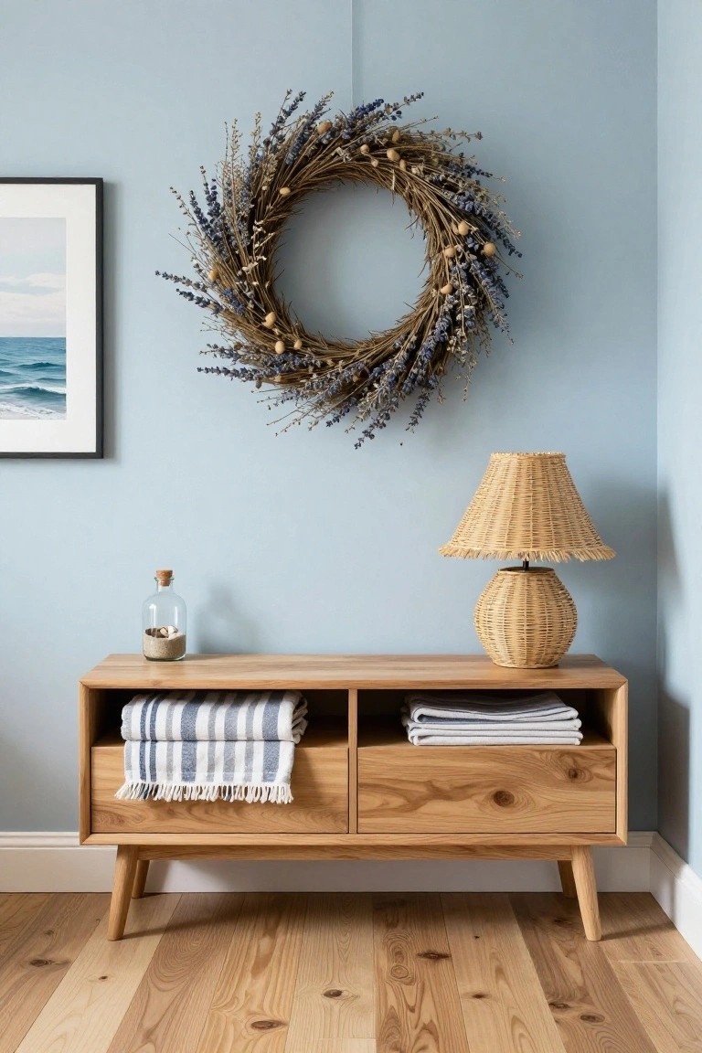 Light blue corner of a room with a circular dried lavender wreath on the wall above a low wooden console table holding a rattan lamp, glass jar with sand and shells, and folded striped and gray towels in open drawers, next to a framed ocean photo, on light wood plank flooring.