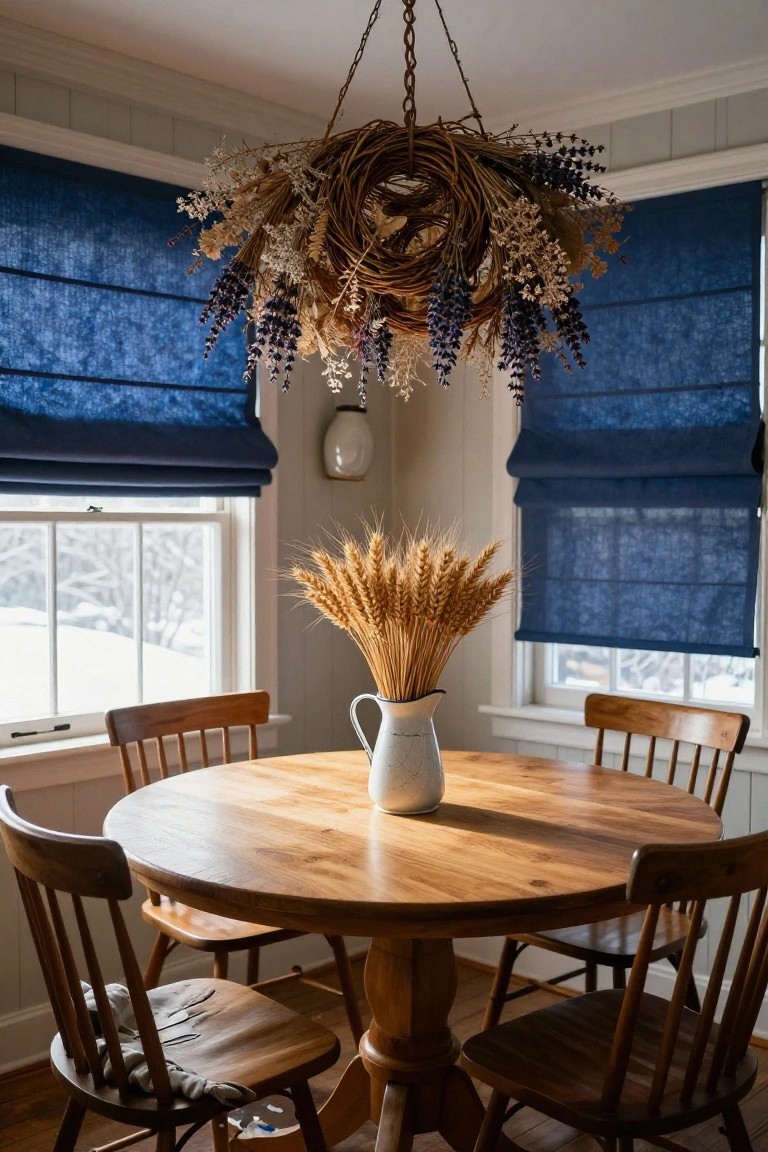 Interior dining area featuring a round wooden table with four wooden chairs, a white milk jug filled with wheat stalks centered on the table, blue roman shades on two windows with snowy view outside, and a large dried flower wreath of wheat, lavender, and other elements hanging from a ceiling chain light fixture.