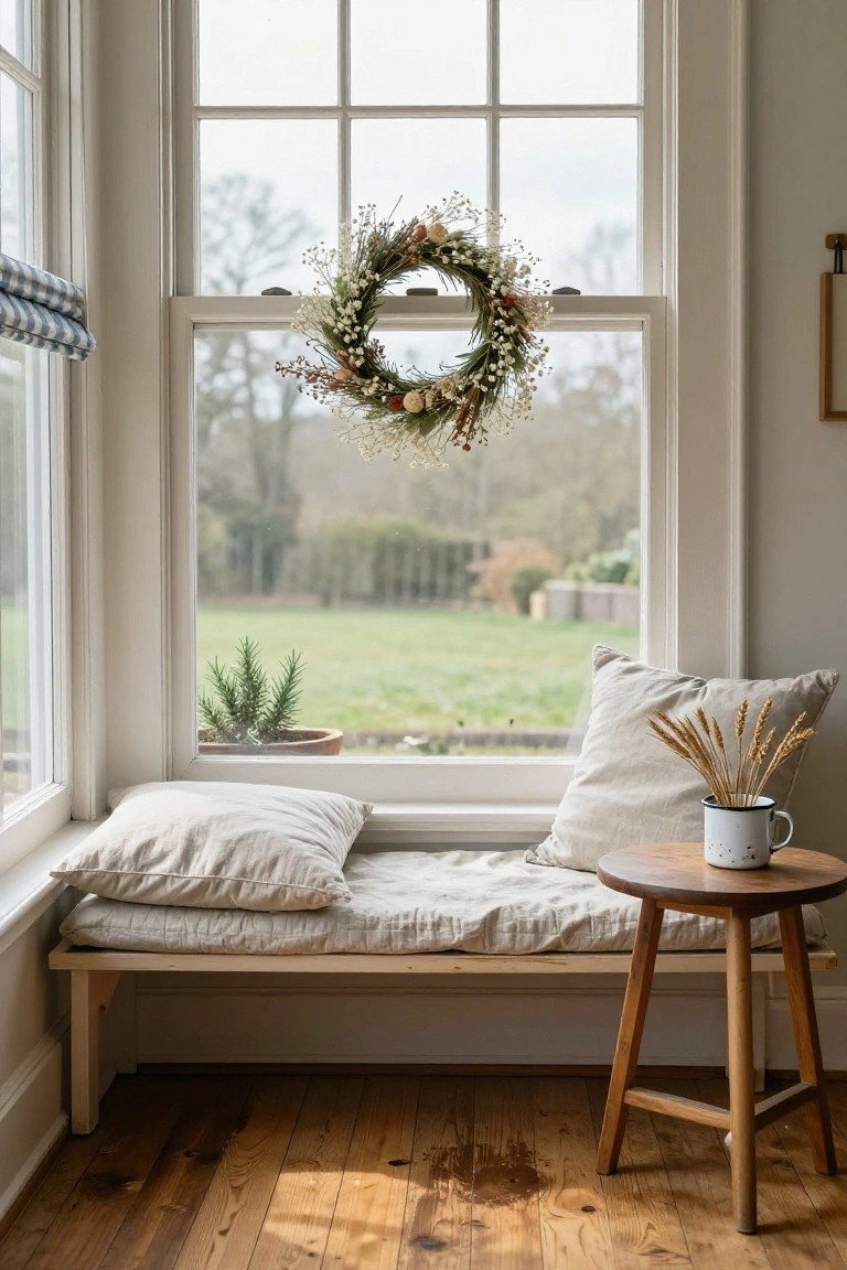 Large sash window with dried flower wreath hanging inside, above wooden window seat with beige linen pillows and cushions, small round wooden table holding wheat stalks and white mug, potted plant on sill, and garden view outside on hardwood floor.