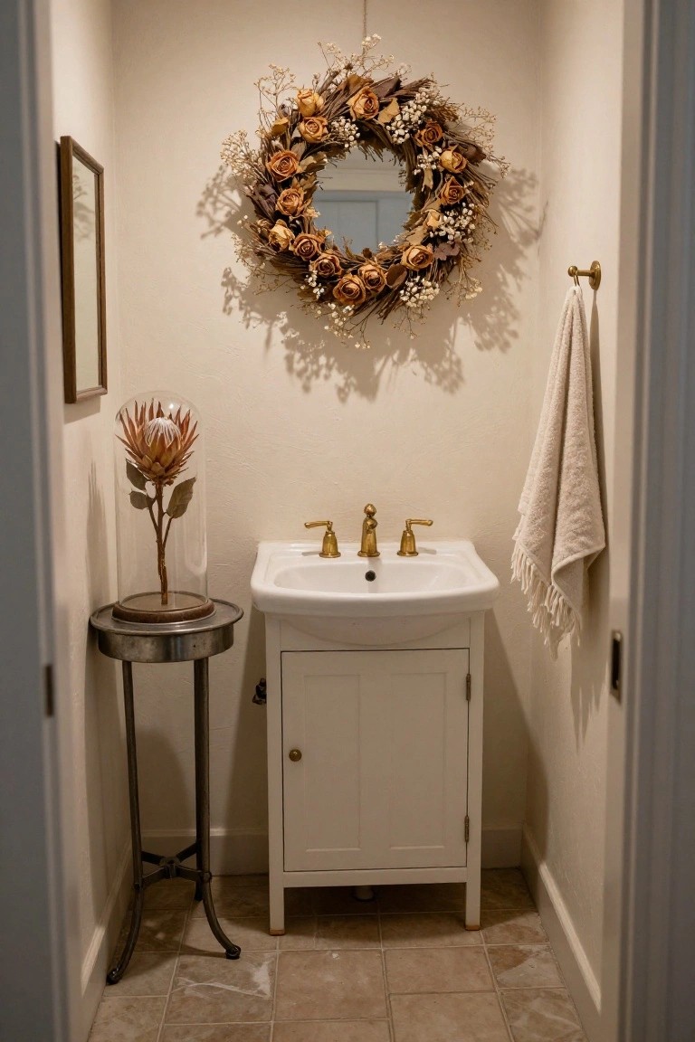 Small powder room with beige walls, round mirror framed by dried flower wreath, white pedestal sink with gold faucet, glass-domed protea on metal side table, and linen towel on brass hook.