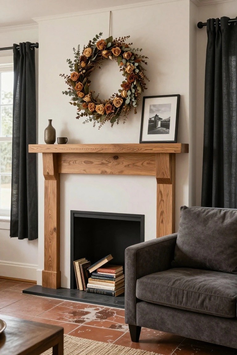 Wooden fireplace mantel with a circular dried flower wreath of orange roses and eucalyptus, a bronze vase, ceramic cup, and black-and-white photo frame on the shelf, books stacked in the hearth, gray armchair nearby, and black curtains on windows.