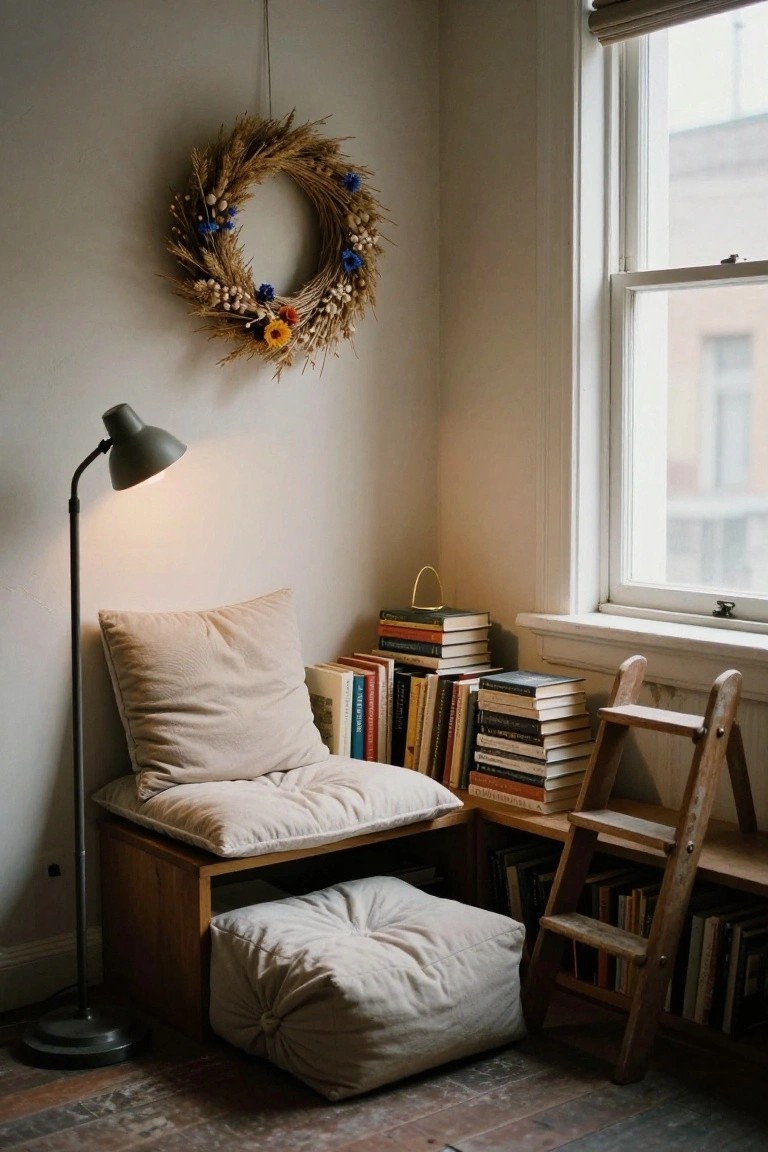 Cozy indoor reading corner with a dried wheat wreath hanging on a white wall above a low wooden bench with beige cushions and pillows, a gray floor lamp, stacked books on shelves, a wooden step ladder, and a large window with blinds.